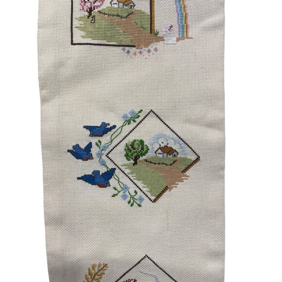 Handmade Cross-Stitch Wall Hanging Four Seasons Design 1984 Signed Needlework - Picture 5 of 8